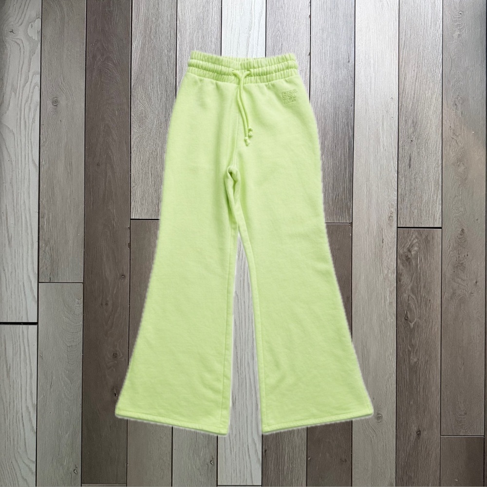 BO+TEE Neon Green Flared Sweatpants – High-Waisted Bell Bottom Style.